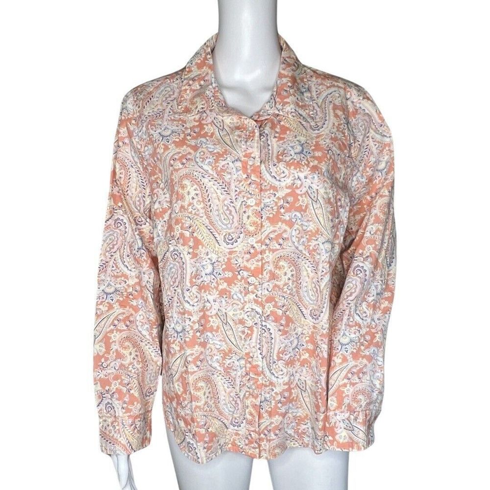 Talbots Shirt Womens Large Petite Orange Blue Paisley Button‎ Up Casual Career